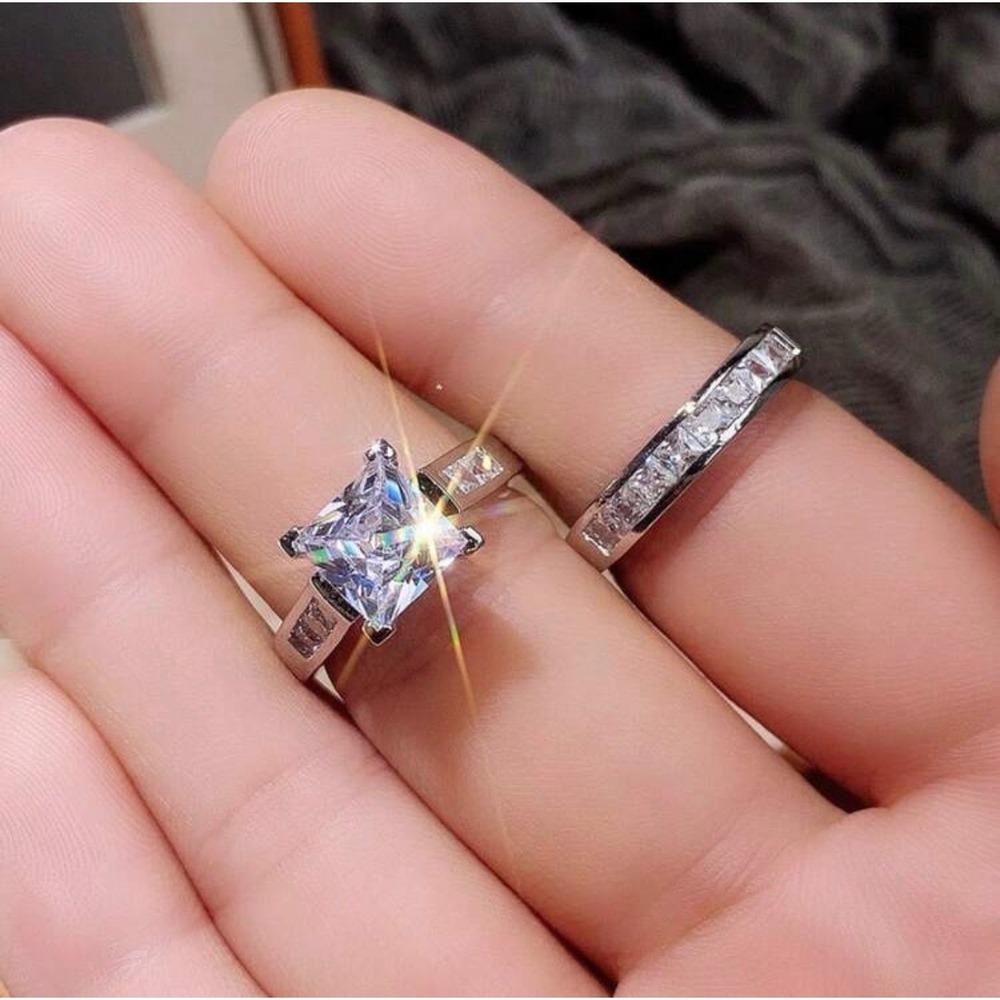 Princess Cut Bridal Ring Set Silver Tone Engagement Wedding Band Set - Picture 5 of 5
